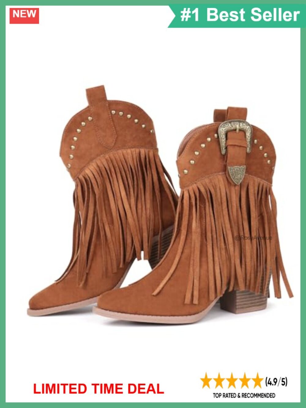 Suede Fringe Western Ankle Booties Snip Toe Studded Block Heel